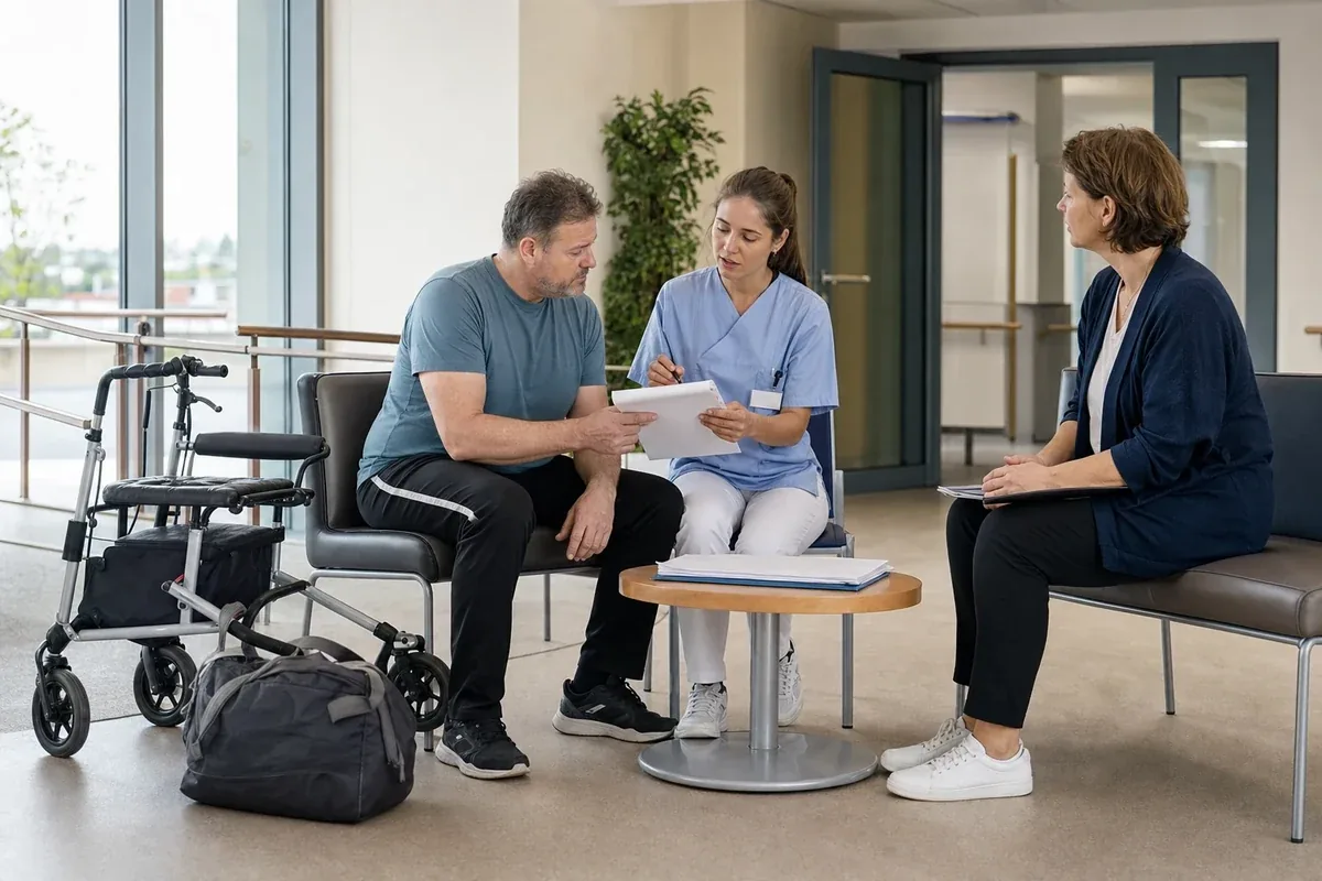 Rehabilitation nach Krankenhaus – Voraussetzungen „Rehabilitation nach Krankenhaus – Voraussetzungen“: Eine Pflegefachperson bespricht mit einer pflegebedürftigen Person die weitere Versorgung nach einer Behandlung.
