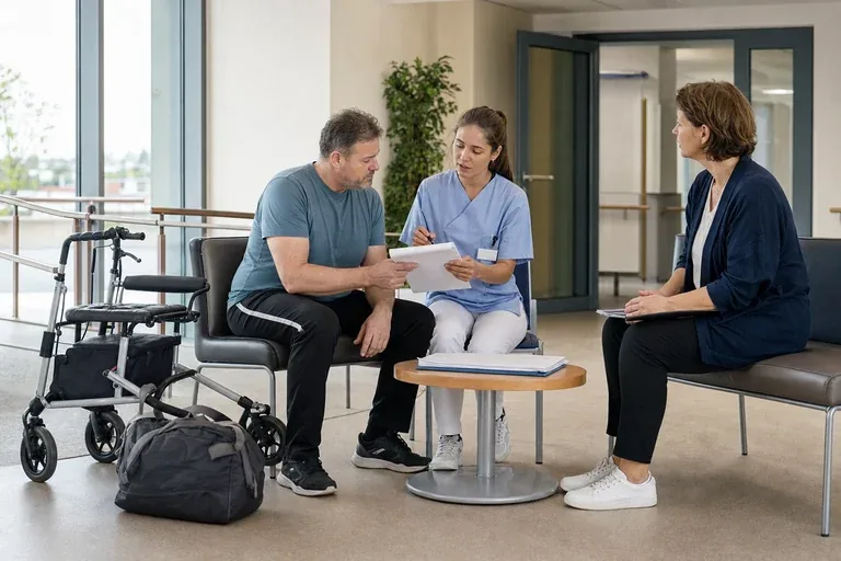 Rehabilitation nach Krankenhaus – Voraussetzungen „Rehabilitation nach Krankenhaus – Voraussetzungen“: Eine Pflegefachperson bespricht mit einer pflegebedürftigen Person die weitere Versorgung nach einer Behandlung.