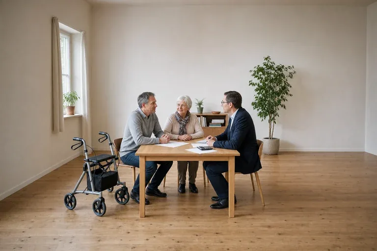 „Rentenbeiträge für pflegende Angehörige prüfen“: Angehörige und eine pflegebedürftige Person besprechen gemeinsam die Organisation des Pflegealltags.