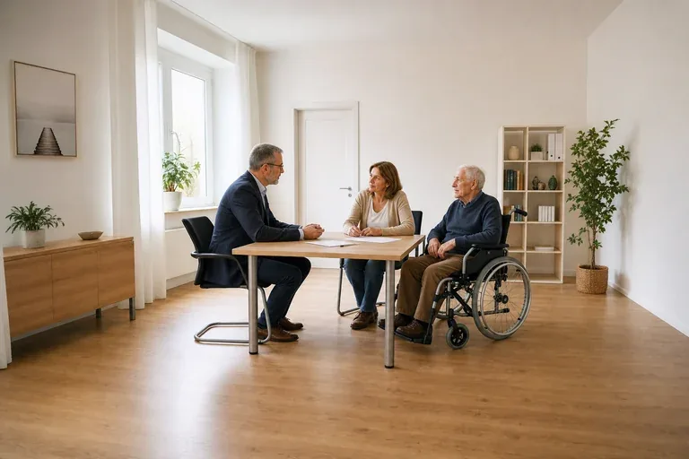 „Rentenbeiträge für Pflegepersonen – Antrag“: Eine pflegende Angehörige prüft Unterlagen zur Vereinbarkeit von Beruf, Absicherung und Pflege.