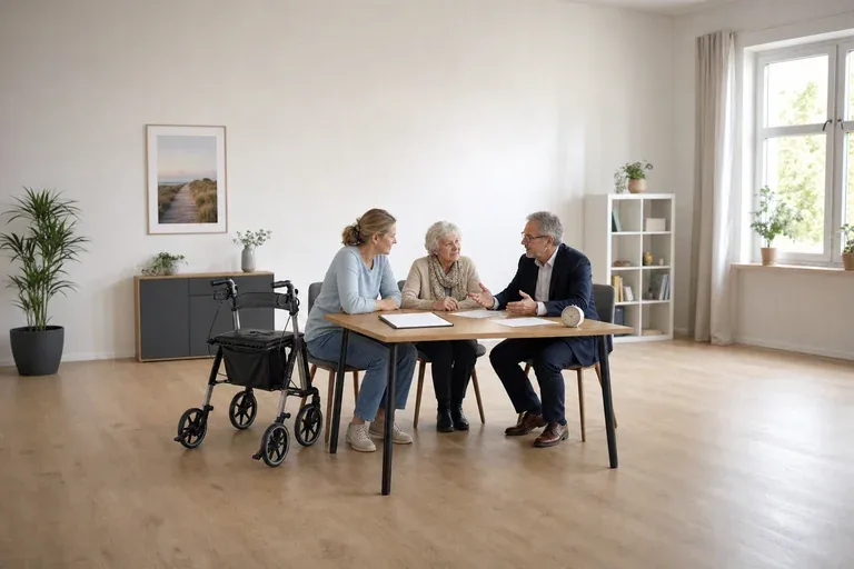 Rentenbeiträge für Pflegepersonen – Fristen „Rentenbeiträge für Pflegepersonen – Fristen“: Eine pflegende Angehörige prüft Unterlagen zur Vereinbarkeit von Beruf, Absicherung und Pflege.