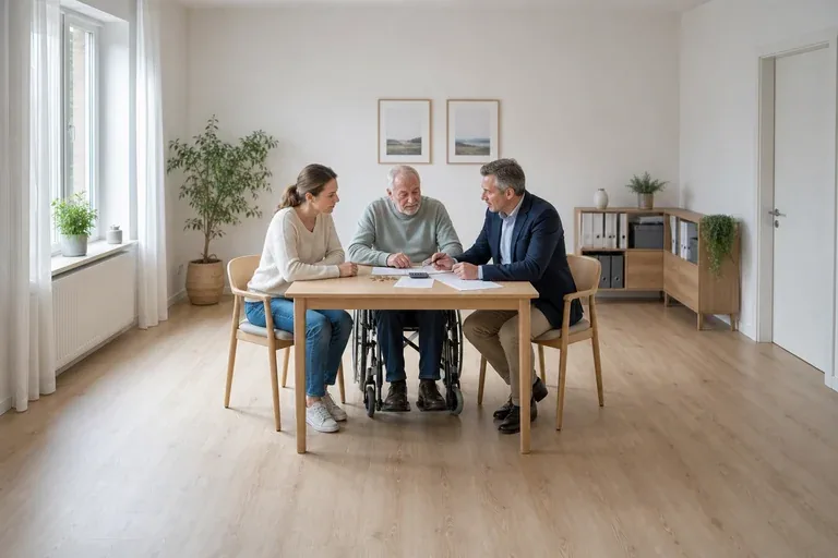 Rentenbeiträge für Pflegepersonen – Kosten „Rentenbeiträge für Pflegepersonen – Kosten“: Eine pflegende Angehörige prüft Unterlagen zur Vereinbarkeit von Beruf, Absicherung und Pflege.