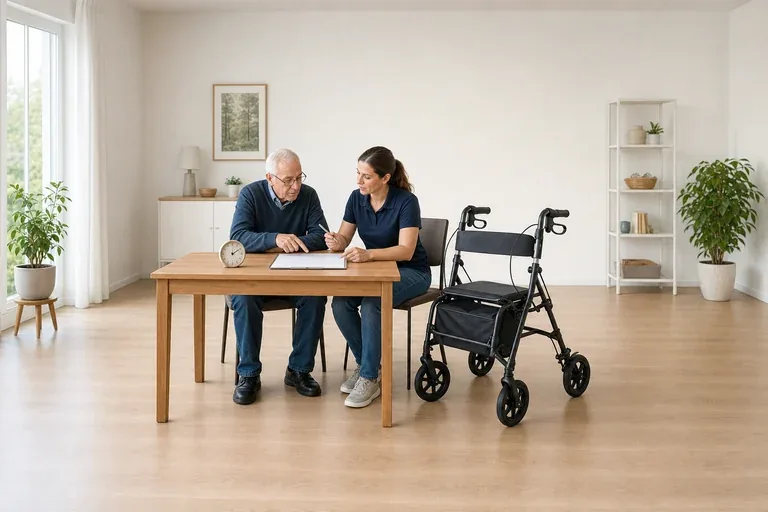 Rollator – Fristen „Rollator – Fristen“: Eine Pflegefachperson und eine pflegebedürftige Person besprechen gemeinsam eine Mobilitätshilfe.