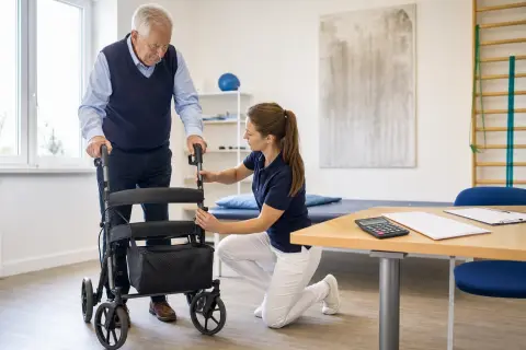 „Rollator – Kosten“: Eine Pflegefachperson und eine pflegebedürftige Person besprechen gemeinsam eine Mobilitätshilfe.