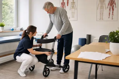 „Rollator – Unterlagen“: Eine Pflegefachperson und eine pflegebedürftige Person besprechen gemeinsam eine Mobilitätshilfe.