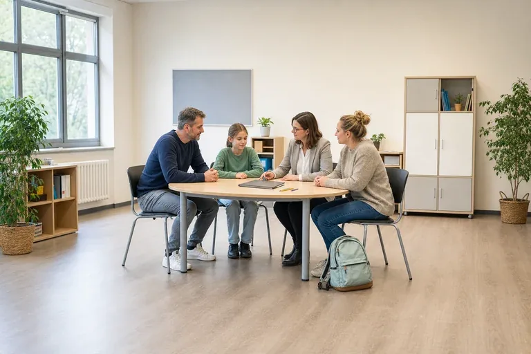 Schulbegleitung – Antrag „Schulbegleitung – Antrag“: Eltern und eine Fachberaterin besprechen zu Hause die Unterstützung eines pflegebedürftigen Kindes.