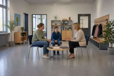 „Schulbegleitung – Kosten“: Eltern und eine Fachberaterin besprechen zu Hause die Unterstützung eines pflegebedürftigen Kindes.