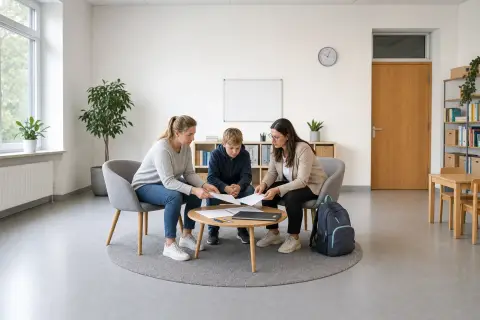 „Schulbegleitung – Unterlagen“: Eltern und eine Fachberaterin besprechen zu Hause die Unterstützung eines pflegebedürftigen Kindes.