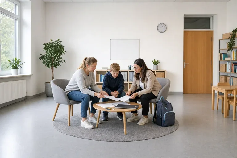 Schulbegleitung – Unterlagen „Schulbegleitung – Unterlagen“: Eltern und eine Fachberaterin besprechen zu Hause die Unterstützung eines pflegebedürftigen Kindes.