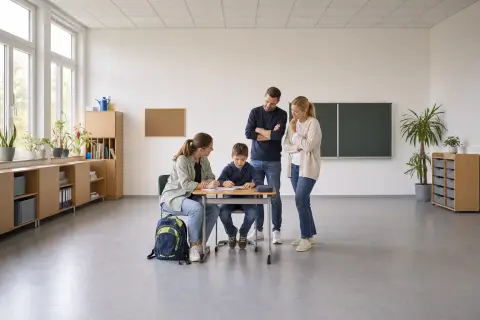 „Schulbegleitung – Voraussetzungen“: Eltern und eine Fachberaterin besprechen zu Hause die Unterstützung eines pflegebedürftigen Kindes.