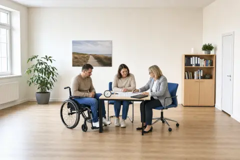 Schwerbehindertenausweis – Fristen „Schwerbehindertenausweis – Fristen“: Eine Angehörige und eine pflegebedürftige Person prüfen gemeinsam Pflegeunterlagen an einem Tisch.