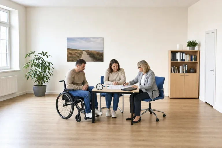 Schwerbehindertenausweis – Fristen „Schwerbehindertenausweis – Fristen“: Eine Angehörige und eine pflegebedürftige Person prüfen gemeinsam Pflegeunterlagen an einem Tisch.