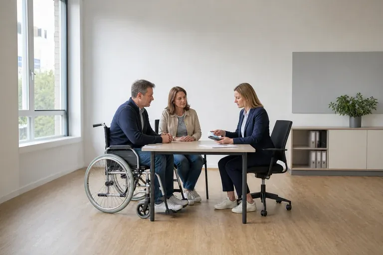 Schwerbehindertenausweis – Kosten „Schwerbehindertenausweis – Kosten“: Eine Angehörige und eine pflegebedürftige Person prüfen gemeinsam Pflegeunterlagen an einem Tisch.