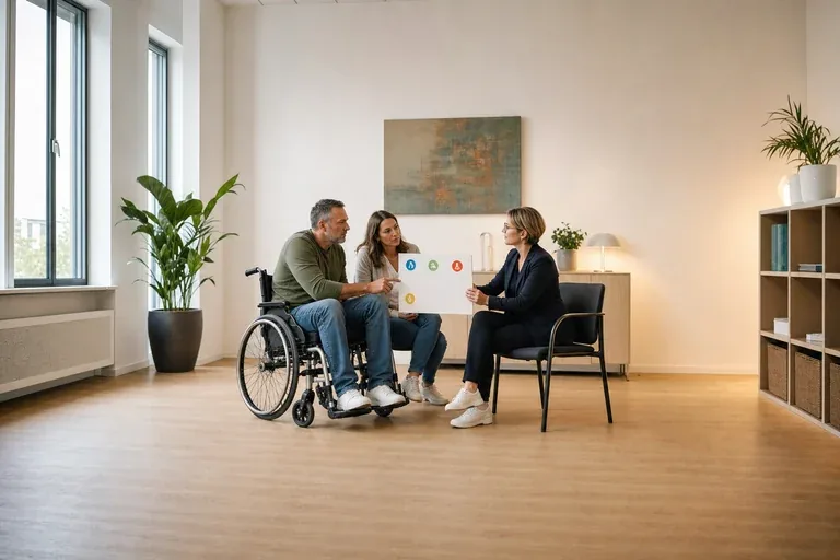Schwerbehindertenausweis – Voraussetzungen „Schwerbehindertenausweis – Voraussetzungen“: Eine Angehörige und eine pflegebedürftige Person prüfen gemeinsam Pflegeunterlagen an einem Tisch.