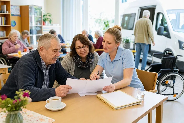 „Tagespflege – Antrag“: Eine Angehörige und eine pflegebedürftige Person prüfen gemeinsam Pflegeunterlagen an einem Tisch.