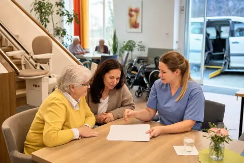 Tagespflege und Nachtpflege als Ergänzung zu Hause „Tagespflege und Nachtpflege als Ergänzung zu Hause“: Angehörige und eine pflegebedürftige Person besprechen gemeinsam die Organisation des Pflegealltags.