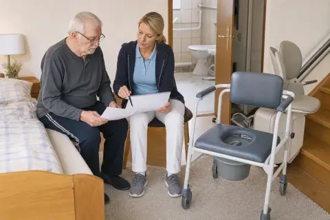 Toilettenstuhl – Fristen „Toilettenstuhl – Fristen“: Eine Pflegefachperson erklärt einer pflegebedürftigen Person ein Hilfsmittel im barrierearmen Badezimmer.
