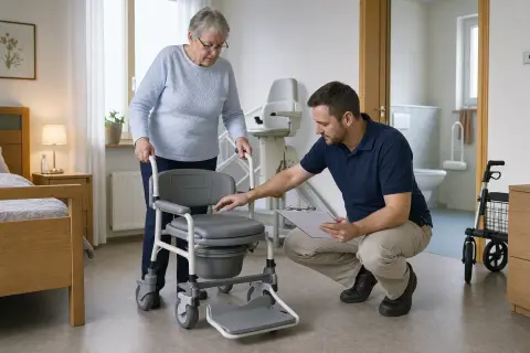 Toilettenstuhl – Voraussetzungen „Toilettenstuhl – Voraussetzungen“: Eine Pflegefachperson erklärt einer pflegebedürftigen Person ein Hilfsmittel im barrierearmen Badezimmer.