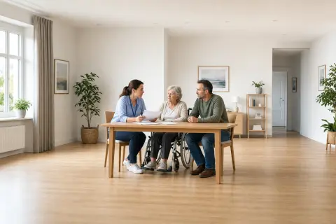 Übergangspflege im Krankenhaus – Voraussetzungen „Übergangspflege im Krankenhaus – Voraussetzungen“: Eine Angehörige und eine pflegebedürftige Person prüfen gemeinsam Pflegeunterlagen an einem Tisch.