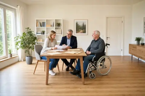 „Unfallversicherung für Pflegepersonen – Unterlagen“: Eine pflegende Angehörige prüft Unterlagen zur Vereinbarkeit von Beruf, Absicherung und Pflege.