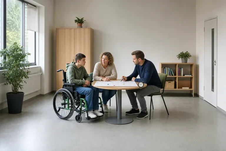 Verfahrenslotse in der Jugendhilfe – Fristen „Verfahrenslotse in der Jugendhilfe – Fristen“: Eltern und eine Fachberaterin besprechen zu Hause die Unterstützung eines pflegebedürftigen Kindes.