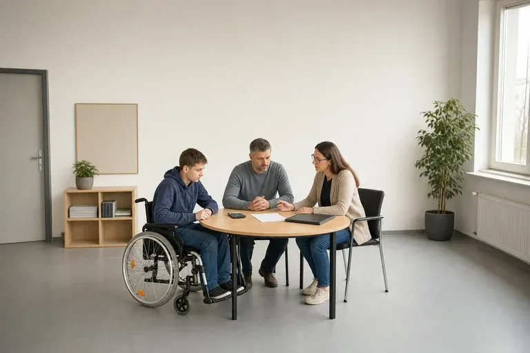 Verfahrenslotse in der Jugendhilfe – Kosten „Verfahrenslotse in der Jugendhilfe – Kosten“: Eltern und eine Fachberaterin besprechen zu Hause die Unterstützung eines pflegebedürftigen Kindes.