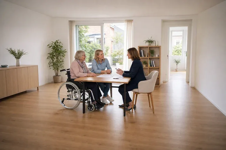 „Vorsorgevollmacht im Pflegealltag – Voraussetzungen“: Eine Angehörige bespricht mit einer älteren Person wichtige Unterlagen und Entscheidungen für den Pflegealltag.