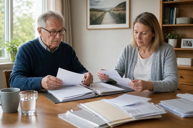 „Vorsorgevollmacht im Pflegealltag – Unterlagen“: Eine Angehörige bespricht mit einer älteren Person wichtige Unterlagen und Entscheidungen für den Pflegealltag.
