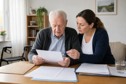 Widerspruch gegen den Pflegegrad – Antrag „Widerspruch gegen den Pflegegrad – Antrag“: Eine Angehörige und eine pflegebedürftige Person prüfen gemeinsam Pflegeunterlagen an einem Tisch.