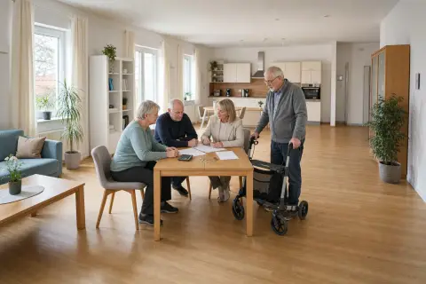 Wohngruppenzuschlag – Kosten „Wohngruppenzuschlag – Kosten“: Angehörige und eine ältere Person vergleichen Unterlagen zur stationären Pflege und deren Finanzierung.