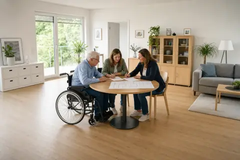 „Zuschuss zur Wohnungsanpassung – Antrag“: Eine Pflegefachperson berät eine pflegebedürftige Person zu einem Hilfsmittel für den Alltag zu Hause.